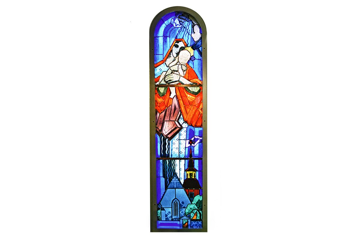 Jeesus ja Maria lasimaalaukseen kuvattuna.